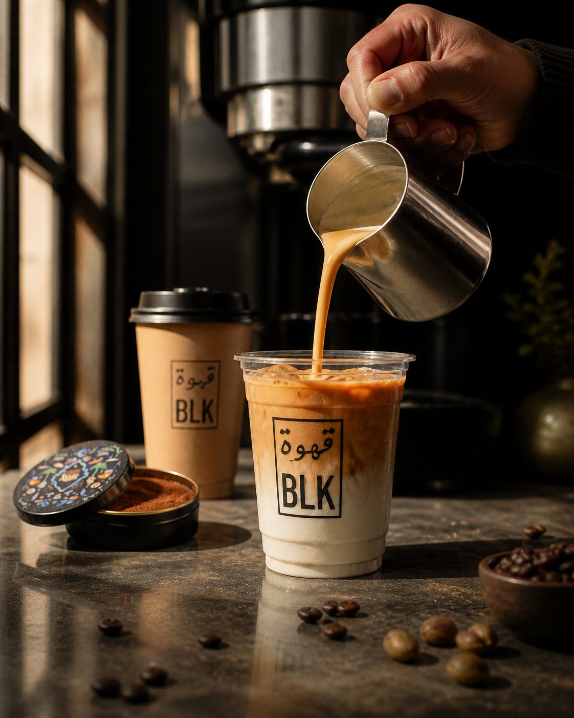 يد باريستا تصب القهوة في مشروب BLK بارد وبجانبه كوب ساخن وحلوى